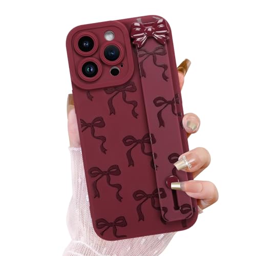 OOK Schutzhülle für iPhone 14 Pro Max mit Displayschutzfolie, niedliches Schleifen-Design mit verstellbarem Armband, Ständer, schmal, weiches TPU-Gummi, für Damen und Mädchen, Weinrot OOK Schutzhülle für iPhone 14 Pro Max mit Displayschutzfolie, niedliches Schleifen-Design mit verstellbarem Armband, Ständer, schmal, weiches TPU-Gummi, für Damen und Mädchen, Weinrot von OOK