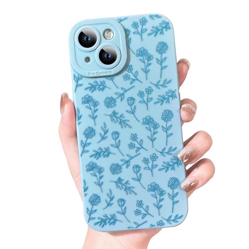 OOK Schutzhülle für iPhone 15, süßes Blumen-Design, für Mädchen und Frauen, weiches TPU, Kameralinse, Schutzhülle für iPhone 15, 15,5 cm, Blau von OOK