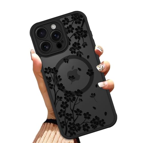 OOK Schutzhülle für iPhone 15 Pro Max 6,7 Zoll (kompatibel mit MagSafe), Kirschblüte, schwarze Blumen, durchscheinende Handyhülle, weiches TPU + hartes Polycarbonat, kratzfest, stoßfest, magnetisch von OOK