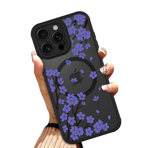 OOK Schutzhülle für iPhone 15 Pro Max 6,7 Zoll (kompatibel mit MagSafe) Kirschblüte Lila Blumen Transluzente Handyhülle Weiches TPU + Hartes PC Anti-Kratzer Stoßfest Magnetisch Niedlich Hülle für von OOK