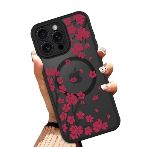 OOK Schutzhülle für iPhone 15 Pro Max 6,7 Zoll (kompatibel mit MagSafe) Kirschblüten-rote Blumenblumen, durchscheinende Handyhülle, weiches TPU + hartes Polycarbonat, kratzfest, stoßfest, magnetisch von OOK