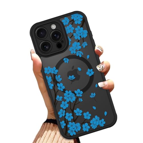 OOK Schutzhülle für iPhone 16 Pro 6,3 Zoll (kompatibel mit MagSafe) Kirschblüte Blau Blumen Transluzente Handyhülle Weiches TPU + Hartes PC Anti-Kratzer Stoßfest Magnetisch Niedlich Hülle für Frauen von OOK