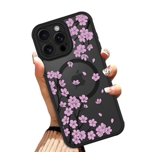 OOK Schutzhülle für iPhone 16 Pro 6,3 Zoll (kompatibel mit MagSafe) Kirschblüte Rosa Blumen Transluzente Handyhülle Weiches TPU + Hartes PC Anti-Kratzer Stoßfest Magnetisch Niedlich Hülle für Frauen von OOK
