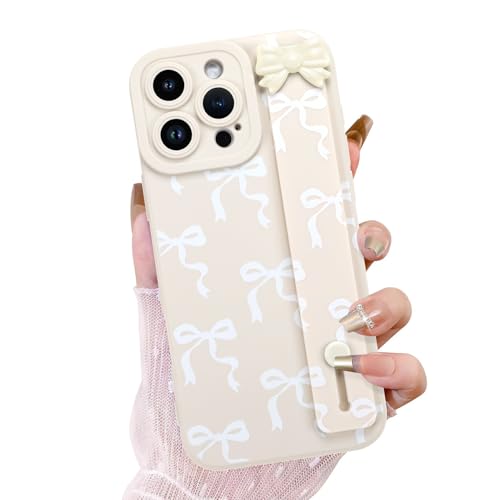 OOK Schutzhülle für iPhone 16 Pro Max mit Displayschutzfolie, niedliches Schleifen-Design mit verstellbarem Armband, Ständer, schmal, weiches TPU-Gummi, für Damen und Mädchen, Weiß von OOK