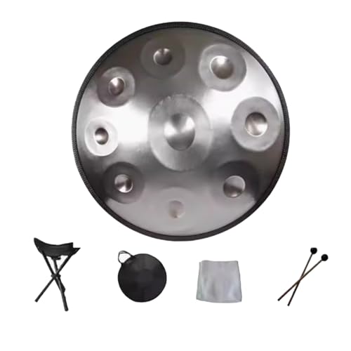 440 Hz Stahl-Handpan-Drum-Instrument, Handtrommel, D-Moll 9-Noten-Handpan-Trommel, 22-Zoll-Schlaginstrument Mit Trommelstativ, for Meditation, Yoga, Klangheilung(Silver) von OOPDNEGAK