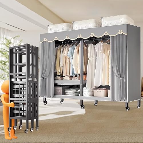 Robuster Kleiderständer Auf Rollen Mit Abdeckung, Faltbarer Kleiderständer, Tragbarer Kleiderschrank Für Schlafzimmerschränke, Freistehender Kleiderständer, Kleiderständer Zum Aufhängen Von Kleidung(1 von OOPDNEGAK
