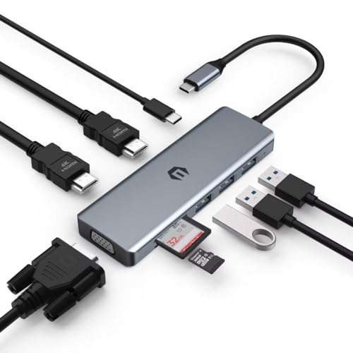 OOTDAY USB C Hub LAN, 9 in 1 USB C Hub Adapter kompatibel mit Laptops und Anderen USB Typ C Laptops, einschließlich 2 x 4K HDMI, 3 USB 3.0, SD/TF Kartenleser von OOTDAY