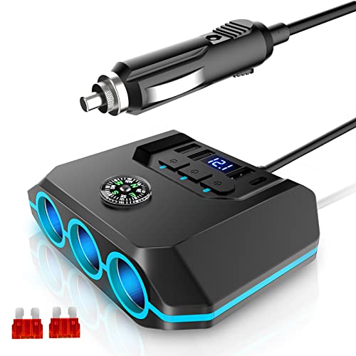 OOWOLF 12V/24V Zigarettenanzünder Splitter - 120W Autoladegerät Adapter mit USB & PD 7 in 1 Multiport Netzstecker,unabhängige Schalter & LED Spannungsanzeige für Auto, iPad, 100cm Kabel von OOWOLF
