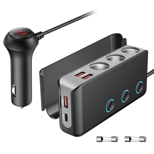 OOWOLF Zigarettenanzünder Verteiler QC 3.0 140W 12V/24V,3 DC Steckdose Splitter Schalter Leistung Adapter Auto Ladegerät,4 USB Anschlüsse KFZ Verteiler für Smartphone, Tablet, GPS, Navi von OOWOLF