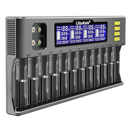 LiitoKala Lii-S12 18650 12-Slot LCD-Display Schnellladegerät, intelligentes Universalladegerät für Li-Ionen (IMR/ICR) LiFePO4 NI-MH/Cd 18650 21700 26650 18350 14500 RCR123 9V Batterien AA AAA C von OPAHUTER