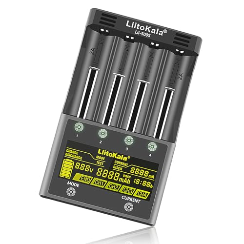 OPAHUTER LiitoKala Lii-500s 18650 4-Slot LCD-Display Schnellladegerät, intelligentes Universalladegerät für Li-Ionen (IMR/ICR) LiFePO4 NI-MH/Cd 18650 21700 26650 18350 14500 RCR123 9V-Akkus AA AAA C von OPAHUTER