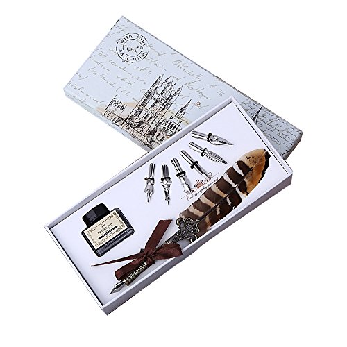 Vintage Schreibfeder Kalligraphie Feder Federstift Tinte Set Antiken Feder Kalligraphie Stift Geschenkset mit 5 Federn und Tinte für Kinder Freund von OPENDGO