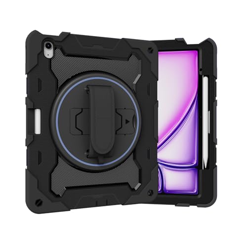 Tablet PC Taschen Hüllen Sleeves Kompatibel mit iPad Air 13 Zoll Hülle M3 2025/M2 2024 Tablet, robuste, stoßfeste Kinderhülle mit Ständer, robuste Schutzhülle mit Handschlaufe und Tragegurt(Black) von OQQPXIUY