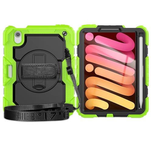 Tablet PC Taschen Hüllen Sleeves Kompatibel mit iPad Mini 7 Hülle (A17 Pro) 2024/ Mini 6 8,3″, robuste, stoßfeste TPU-Hülle, Schutzhülle mit Displayschutzfolie, 380° drehbarer Ständer + Handschlaufe + von OQQPXIUY