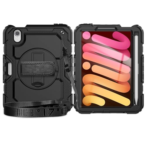Tablet PC Taschen Hüllen Sleeves Kompatibel mit iPad Mini 7 Hülle (A17 Pro) 2024/ Mini 6 8,3″, robuste, stoßfeste TPU-Hülle, Schutzhülle mit Displayschutzfolie, 380° drehbarer Ständer + Handschlaufe + von OQQPXIUY
