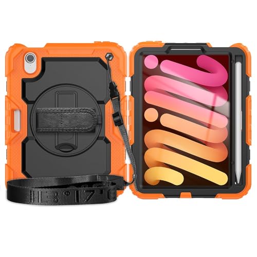 Tablet PC Taschen Hüllen Sleeves Kompatibel mit iPad Mini 7 Hülle (A17 Pro) 2024/ Mini 6 8,3″, robuste, stoßfeste TPU-Hülle, Schutzhülle mit Displayschutzfolie, 380° drehbarer Ständer + Handschlaufe + von OQQPXIUY