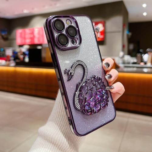 ORBANA 3D Quicksand Swan Clear Phone Case für iPhone 15 14 11 12 13 Pro Max Diamond Glitter Pailletten Gradient Plating Back Cover, Gradient Purple, für iPhone 15 Pro von ORBANA