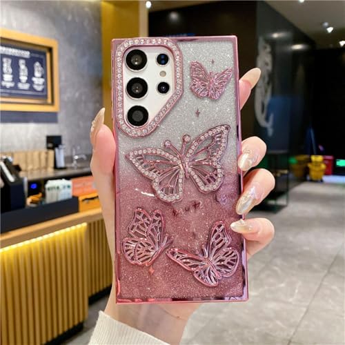 ORBANA Luxuriöse Schutzhülle mit glitzerndem Strass-Schmetterlings-Beschichtungsrahmen (für Galaxy S25+/Pink) von ORBANA
