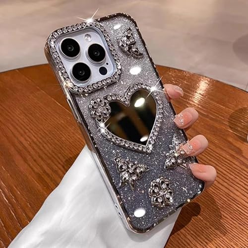 ORBANA Plating Glitter Diamond Heart Make-up-Spiegel Butterfly Weiche Silikon-Klarsichthülle (für iPhone 12 Pro/Silber) von ORBANA