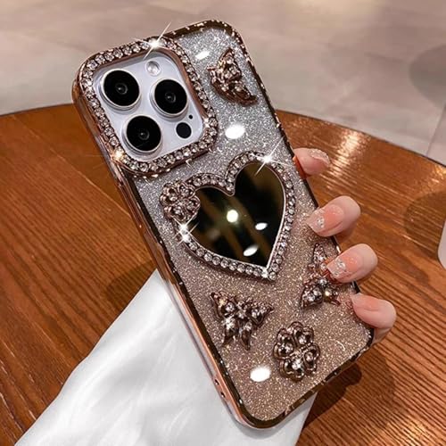 ORBANA Plating Glitter Diamond Heart Make-up-Spiegel Butterfly Weiche Silikon-Klarsichthülle (für iPhone 14 Plus/Gold) von ORBANA