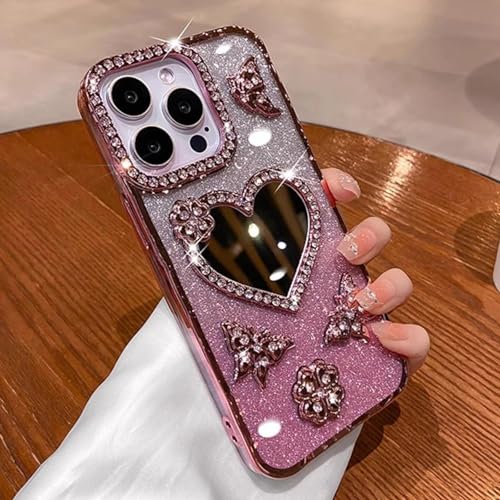 ORBANA Plating Glitter Diamond Heart Make-up-Spiegel Butterfly Weiche Silikon-Klarsichthülle (für iPhone 14 Pro Max/Pink) von ORBANA