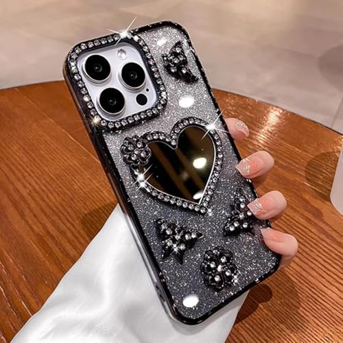 ORBANA Plating Glitter Diamond Heart Make-up-Spiegel Butterfly Weiche Silikon-Klarsichthülle (für iPhone 15 Pro Max/Schwarz) von ORBANA