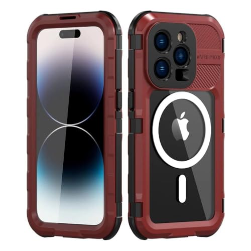ORBANA wasserdichte Metallhülle für iPhone 15 14 Pro Max 14 Plus, durchsichtige, vollständig schützende, wasserdichte Aluminiumlegierungshülle für iPhone 14, rot, für iPhone 14 von ORBANA