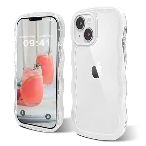 ORDA Schutzhülle für iPhone 13, iPhone 14, niedlicher Wellenrahmen, lockige Form, stoßfest, harte PC-Handyhülle für Damen und Mädchen, kompatibel mit iPhone 13/14, 15,5 cm (6,1 Zoll), klares Weiß von ORDA
