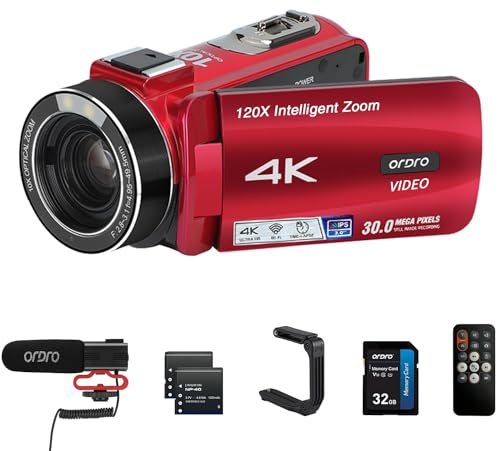 ORDRO 4K Videokamera 10X Optischer Zoom 120X Digital Zoom, WiFi UHD Camcorder/w Autofokus Vlogging Kamera 3.0" IPS Touchscreen Digitalkamera mit Mikrofon, Fernbedienung, 32G SD Karte von ORDRO