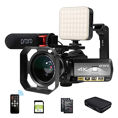 ORDRO 4K Videokamera Camcorder Full HD 1080P 60FPS Vlogging-Kamera für YouTube 30-facher Digitalzoom 3,1-Zoll-IPS-Bildschirm mit Mikrofon, LED-Licht, Kameraständer und Tragetasche von ORDRO