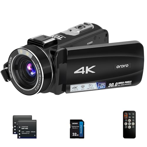ORDRO 4K Videokamera Camcorder Ultra HD Camcorder mit 10-Fach Optischem Zoom & 120-fachem Digitalzoom, WiFi Vlogging Auto Focus Digitalkameras mit 32GB SD Karte von ORDRO