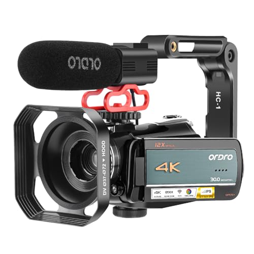 ORDRO 4K Videokamera Optischer Zoom 1080P 60FPS Vlog-Kamera 12X optisches Objektiv 7,9 cm IPS-Touchscreen WiFi Digitalkamera mit Mikrofon und 32 GB SD-Karte von ORDRO