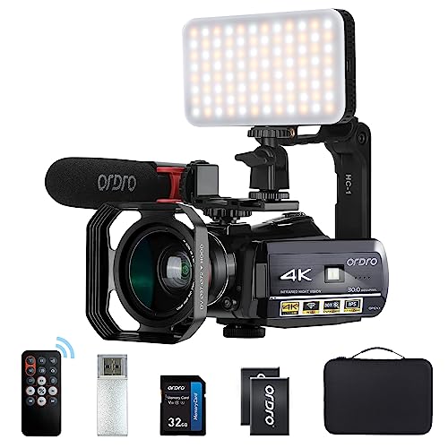 ORDRO AC3 IR Nachtsicht Camcorder 4k Videokamera 1080P 60FPS Vlog Kamera WiFi Camcorder mit Mikrofon, LED Licht, Weitwinkelobjektiv, Halter, Tragetasche von ORDRO