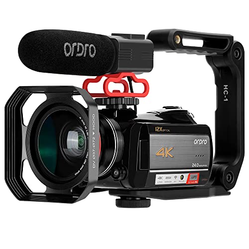 ORDRO AC5 4K Camcorder mit 12-fachem optischen Zoom, 1080P 60FPS Videokamera, 3.1’’ IPS Touchscreen, WiFi, Livestreaming, externem Mikrofon und Weitwinkelobjektiv von ORDRO