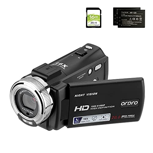 ORDRO Camcorder Nachtsicht Videokamera YouTube Vlogging Kamera Recorder FHD 1080P 15FPS 30MP 3,0 Zoll 270 Grad Drehung LCD 16X Digital Zoom Camcorder mit 2 Batterien und 16 GB SD-Karte von ORDRO
