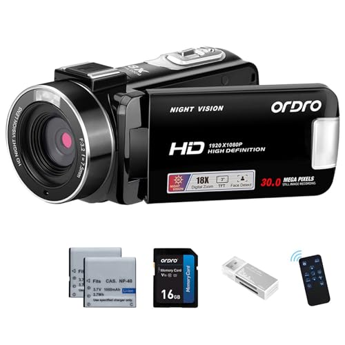 ORDRO HDV-B320 Full HD 1080P 30MP Camcorder 18X Digital Zoom IR Night Vision YouTube Video Camera 3.0" 270° Rotating Screen Vlogging Camera (Schwarz) von ORDRO