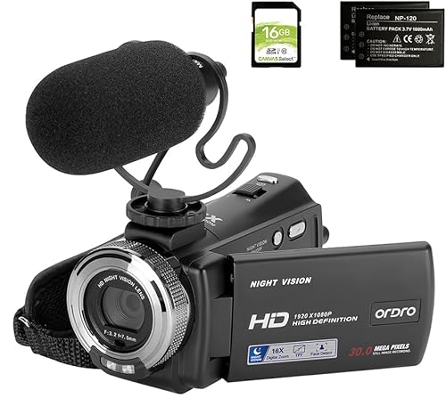 ORDRO V12 Videokamera Camcorder Full HD 1080P 30FPS Infrarot Nachtsichtkamera 3.0 Zoll LCD Bildschirm 16X Zoom Camcorder mit 16GB SD Karte Fernbedienung, Mikrofon und 2 Akkus von ORDRO