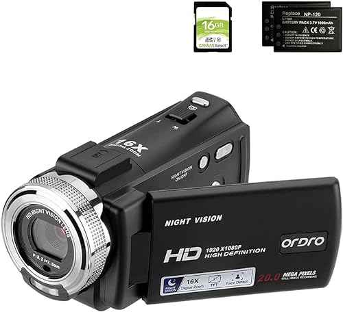 ORDRO V12 Videokamera Camcorder Full HD 1080P 30FPS Infrarot Nachtsichtkamera 3.0 Zoll LCD Bildschirm 16X Zoom Camcorder mit 16GB SD Karte Fernbedienung und 2 Akkus von ORDRO