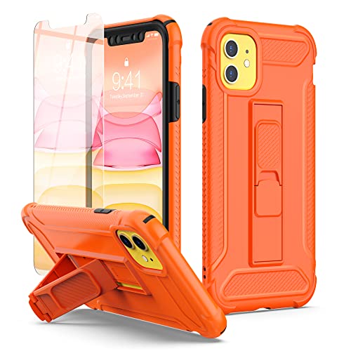 ORETECH [5 in 1 für iPhone 11 Hülle,mit [Ständer Halter][2X Displayschutzfolie],Handyhülle iPhone 11,360 Grad [Militärischer Schutz] Stoßfest Schutzhülle Silikon Bumper Hülle für iPhone 11, Orange von ORETECH