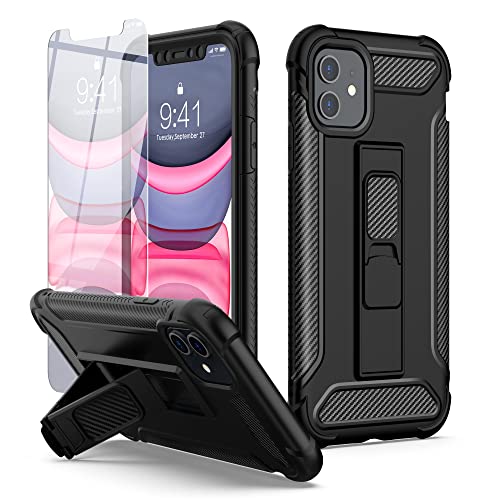 ORETECH [5 in 1 für iPhone 11 Hülle:mit [Ständer Halter][2X Displayschutzfolie],Handyhülle iPhone 11,360 Grad [Militärischer Schutz] Stoßfest Schutzhülle Silikon Bumper Hülle für iPhone 11, Schwarz von ORETECH