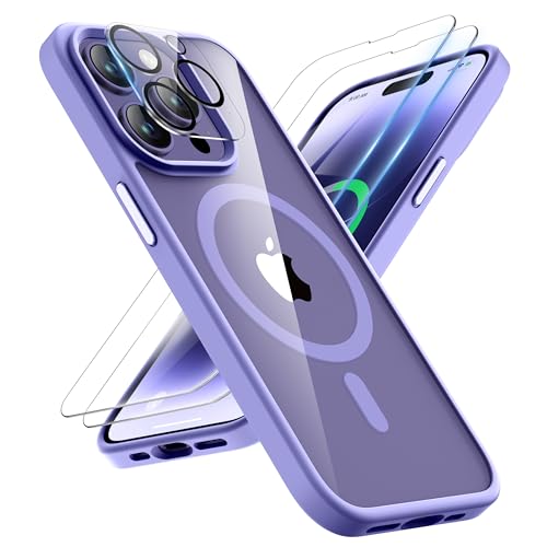 ORETECH Magnetisch Hülle für iPhone 14 Pro Max mit 2 Schutzfolie+1 Kameraschutz, Kompatibel mit Mag-Safe, Stoßfest Transparent Rückseite Handyhülle für iPhone 14 Pro Max Hülle 6,7" Helles Violett von ORETECH