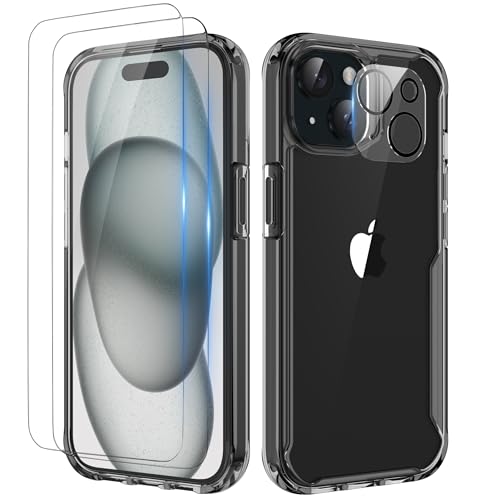 ORETECH für iPhone 15 Hülle, Handyhülle iPhone 15, mit [2 Stück Displayschutzfolie, Kameraschutz, Transparent Hülle], Stoßfest Schutzhülle [Militärschutz] Bumper Hülle iPhone 15 Case 6.1"-Schwarz von ORETECH