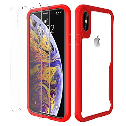 ORETECH für iPhone X Hülle, iPhone XS Hülle, mit [2X Displayschutzfolie], Handyhülle iPhone X, Handyhülle iPhone XS, Stoßfest Transparent Schutzhülle Bumper Hülle iPhone X/XS Case 5,8" Rot von ORETECH