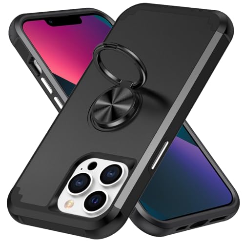 Handyhülle Kompatibel mit dem iPhone 13 Pro Max, zweilagige, stoßfeste Schutzhülle, Ringhalter-Kickstand-Autohalterung in Militärqualität, robuste Schutzhülle aus PC-Stoßfänger Handyrückseite(Black) von ORGCIUFB