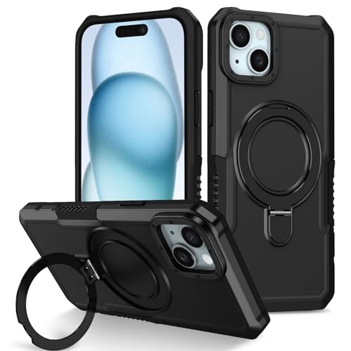 Handyhülle Kompatibel mit iPhone 15 Plus, schlanke, minimalistische Hülle, Metallring-Ständer, stoßfeste, robuste PC-Schutzhülle [militärischer Fallschutz], kompatibel mit 15 Plus Handyrückseite(Black von ORGCIUFB