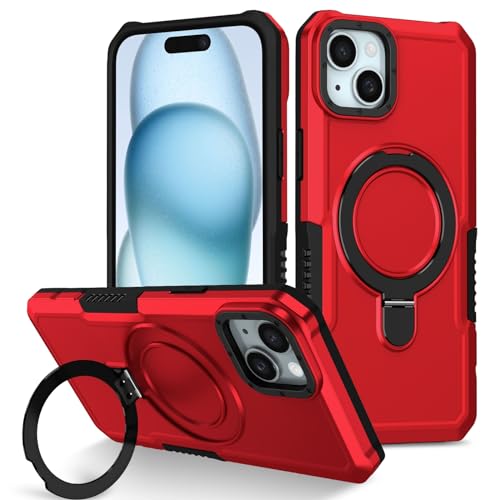 Handyhülle Kompatibel mit iPhone 15 Plus, schlanke, minimalistische Hülle, Metallring-Ständer, stoßfeste, robuste PC-Schutzhülle [militärischer Fallschutz], kompatibel mit 15 Plus Handyrückseite(Red) von ORGCIUFB