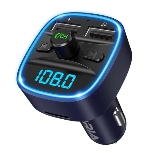 ORIA Auto Bluetooth 5.3 FM Transmitter, Bluetooth Adapter mit 2 USB Anschlüsse (2,4A &1A), Auto Radio Adapter, KFZ Freisprechen, LED Anzeige, TF Karte & USB-Stick verfügbar - Blau von ORIA