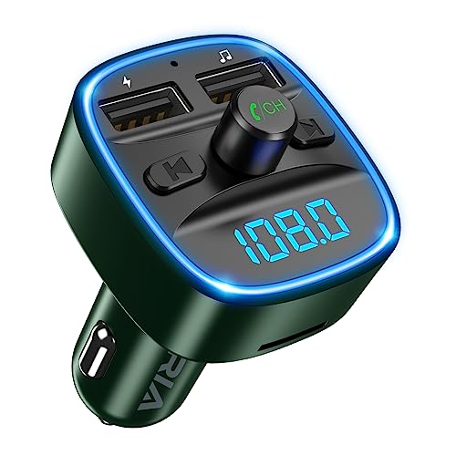 ORIA Bluetooth 5,3 FM Transmitter, Kabelloser Auto Radio Transmitter Adaptermit 2 USB Aufladung, Freisprechen KFZ Radio Adapter, Unterstützt TF Karte & USB-Stick Musik Spielen - Militärgrün von ORIA