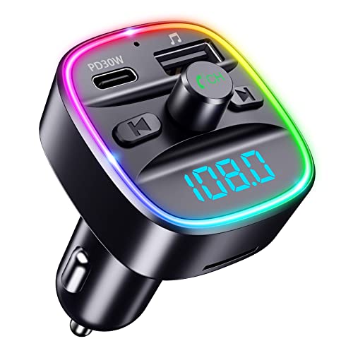 ORIA Bluetooth 5.3 FM Transmitter, Autoradio Adapter Bluetooth Car Kit, PD 30W Schnelles Autoladegerät, 7 Farbe LED Backlit, Freisprechen, unterstützung TF Karte & USB-Stick von ORIA