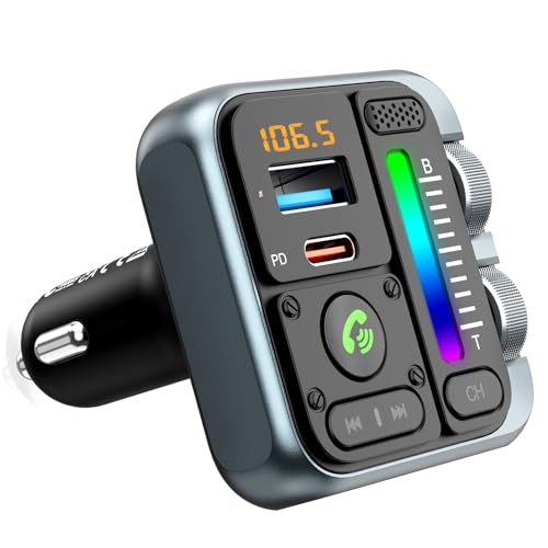 ORIA Bluetooth 5.3 FM Transmitter für Auto, Bluetooth Auto Radio Adapter mit PD30W & QC2.0 & USB Schnellladung, KFZ Car Kit, mit Freisprechanrufe, Bässe und Höhen, Unterstützt BT & U-Disk von ORIA